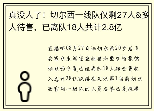真没人了！切尔西一线队仅剩27人&多人待售，已离队18人共计2.8亿